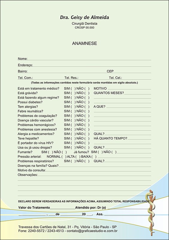 Anamnese Odontológica Colorida - Cod: D062
