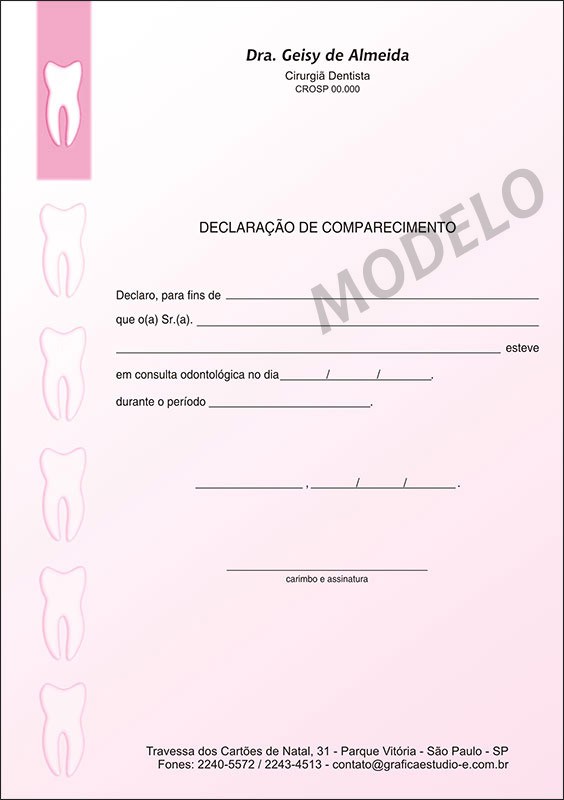 Declaração De Comparecimento para Dentistas Colorido - Cod: D004 Rosa SB