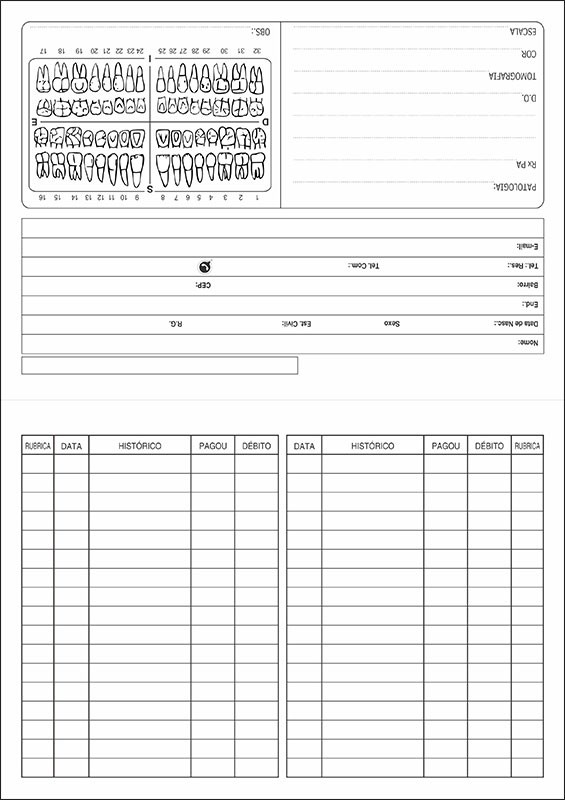 100 Ficha de Odontograma - A4 - Modelo A - Com Dobra - Frente