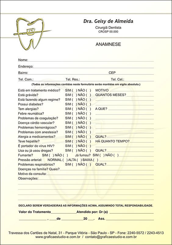 Anamnese Odontológica Colorida - Cod: D021 Amarelo