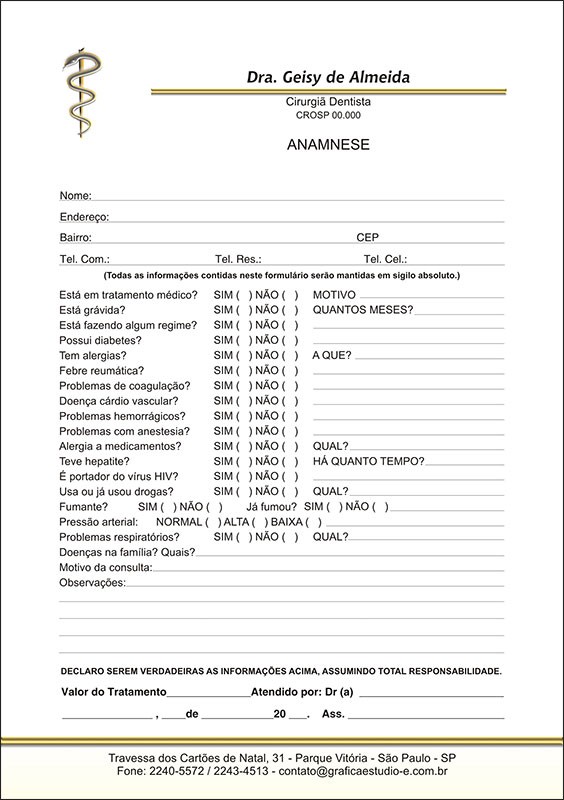 Anamnese Odontológica Colorida - Cod: D049