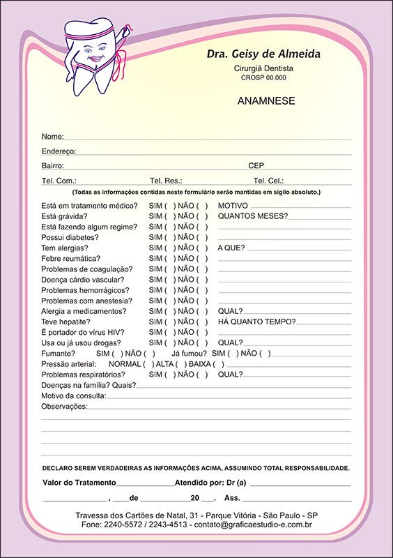 Anamnese Odontológica Colorida - Cod: D046