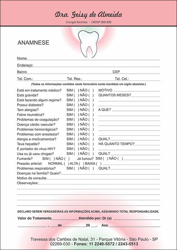 Anamnese Odontológica Colorida - Cod: D068