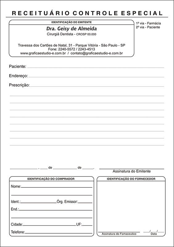 Receituários Odontológicos de Controle Especial para Antibióticos - 1ª Via