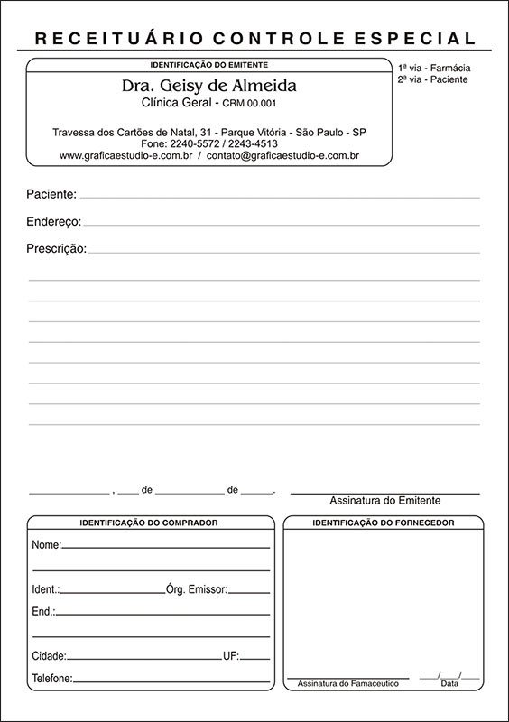 Receituário Médico de Controle Especial para Antibióticos - 1ª Via