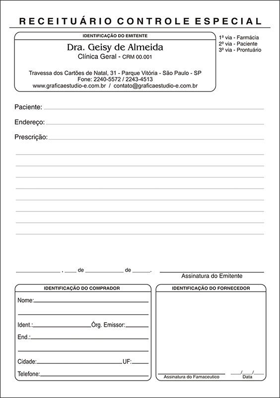 Receituário Médico de Controle Especial para Antibióticos - 1ª Via