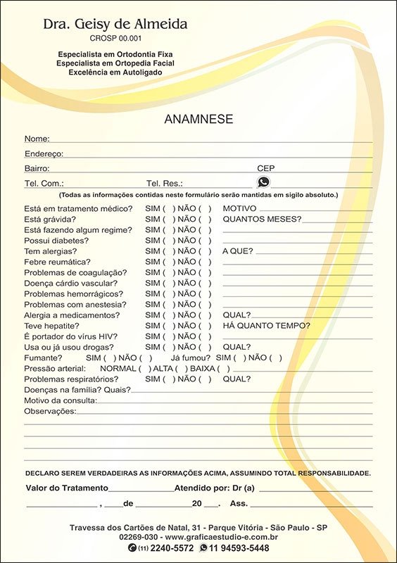 Anamnese Odontológica Colorida - Cod: D013