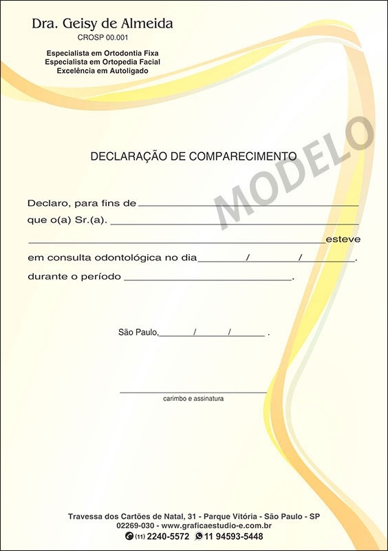 Declaração de Comparecimento Odontológico Colorido Cod: D013