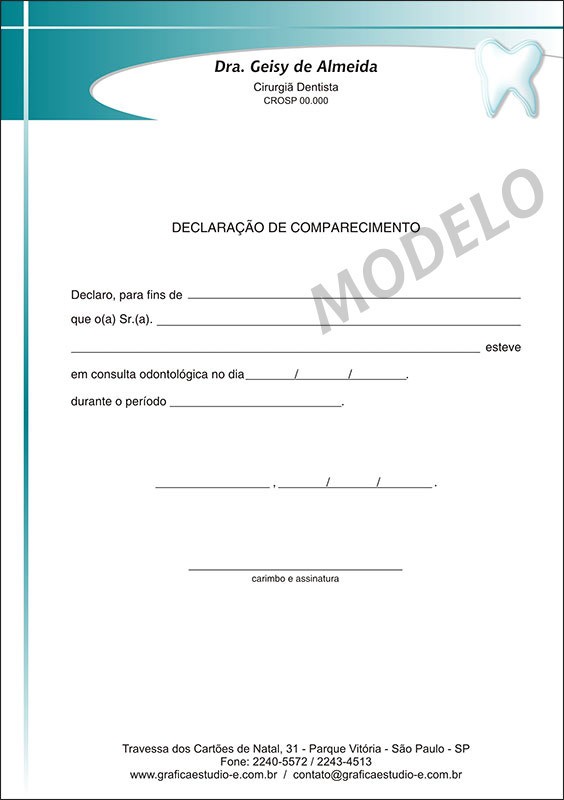 Declaração de Comparecimento Odontológico Colorido Cod: D028