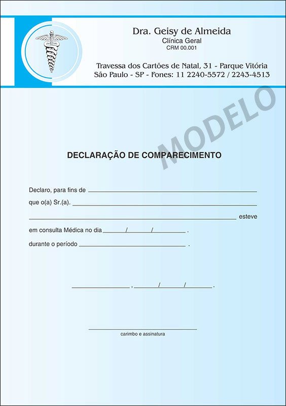 Declaração Médica de Comparecimento Colorida - Cod: M015 Azul
