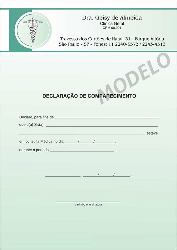 Declaração Médica de Comparecimento Colorida - Cod: M015 Verde