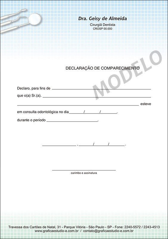 Declaração de Comparecimento Odontológico Colorido Cod: D048