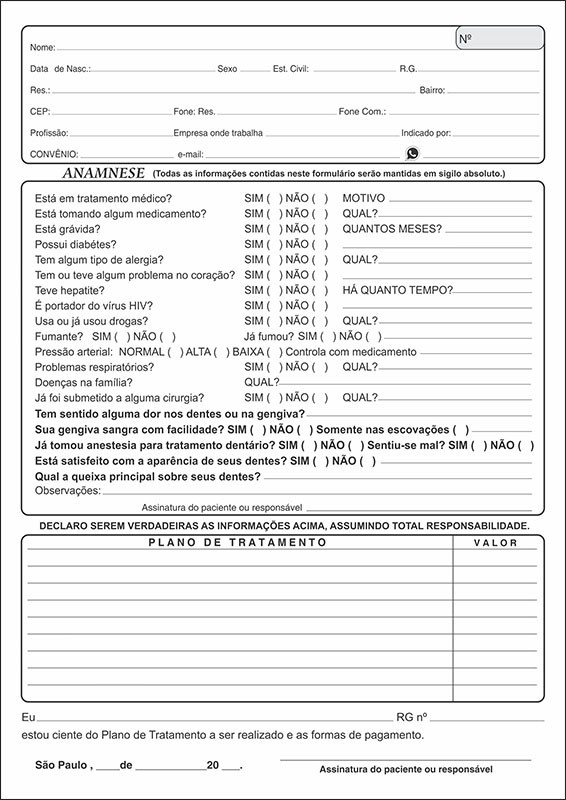 Ficha de Anamnese OROFACIAL - Ref. 2107 - Odonto Impress! A Gráfica dos  Dentistas