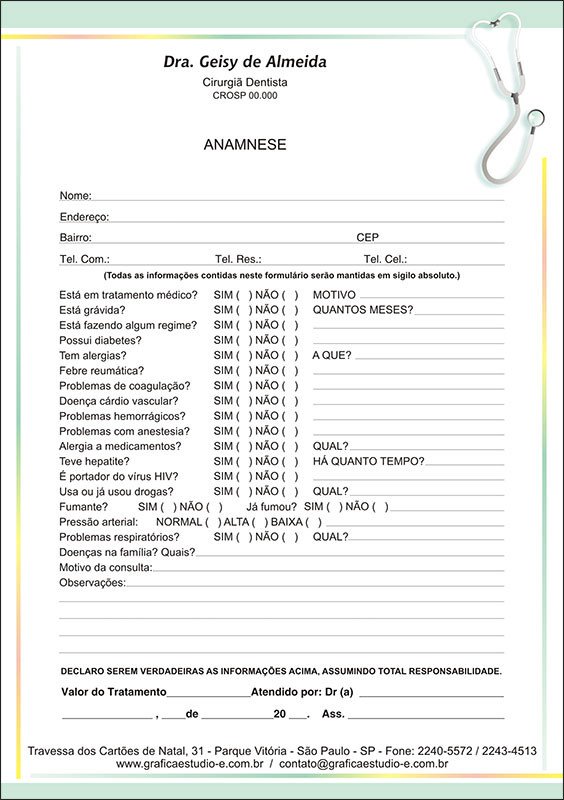Anamnese Odontológica Colorida - Cod: D102