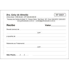 Recibo com 2 vias numerado - 1ª Via.