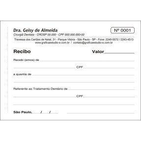 Recibo Odontológico com 2 vias numerado - 1ª Via.