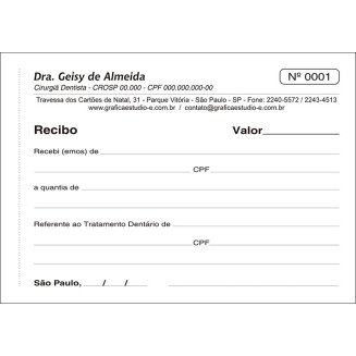 Recibo Odontológico com 2 vias numerado - 1ª Via.